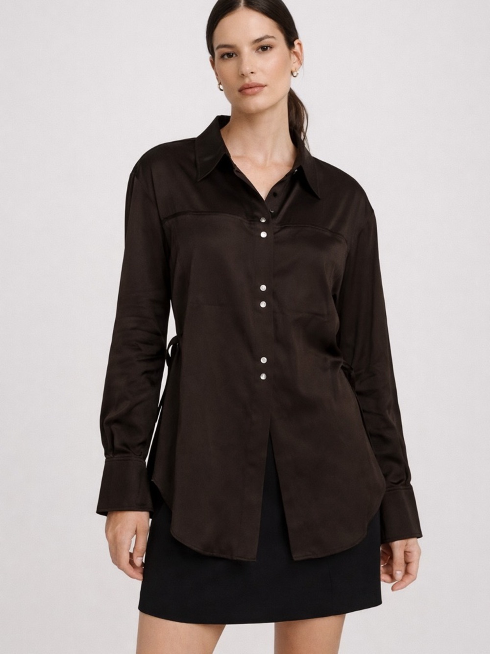 BANANA REPUBLIC Stretch Satin Cinch Tie Back Shirt Small Black